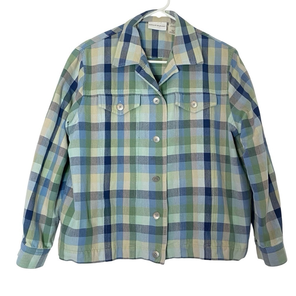 Vintage Plaid Jacket Womens Size 14 Chambray Denim Blue Green Alfred Dunner
